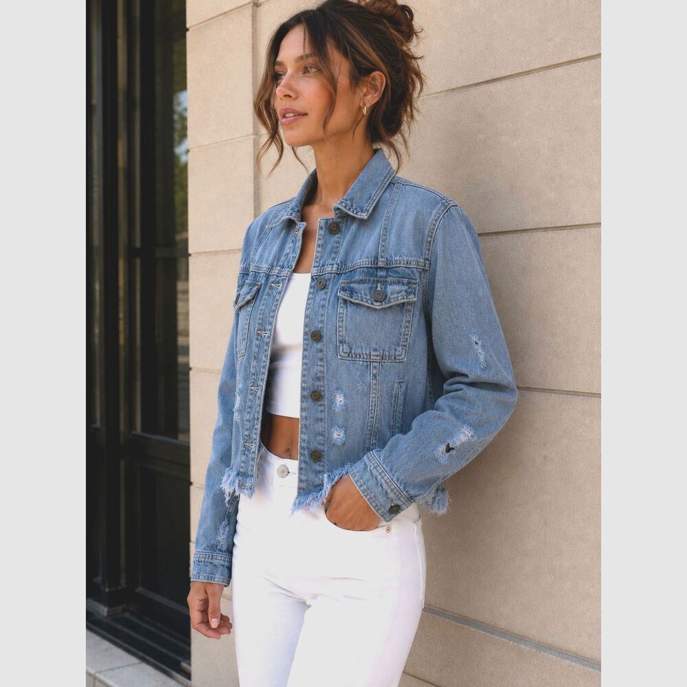 Hidden Los Angeles Distressed Cropped Denim Jacket – Size Large